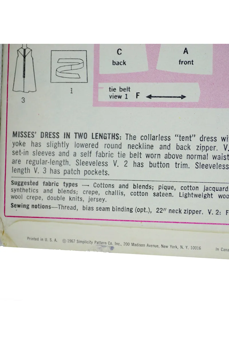 1967 Simplicity 7436 Vintage Tent Dress Sewing Pattern