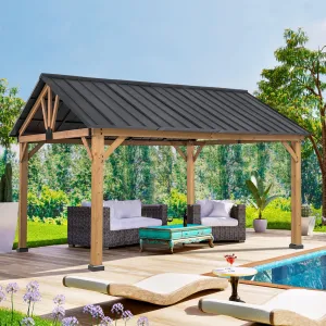 COOS BAY 11x13 Outdoor Patio Wooden Gazebo, Cedar Wood Frame Steel Hardtop Gazebo Canopy for Garden, Deck, Backyard and Party