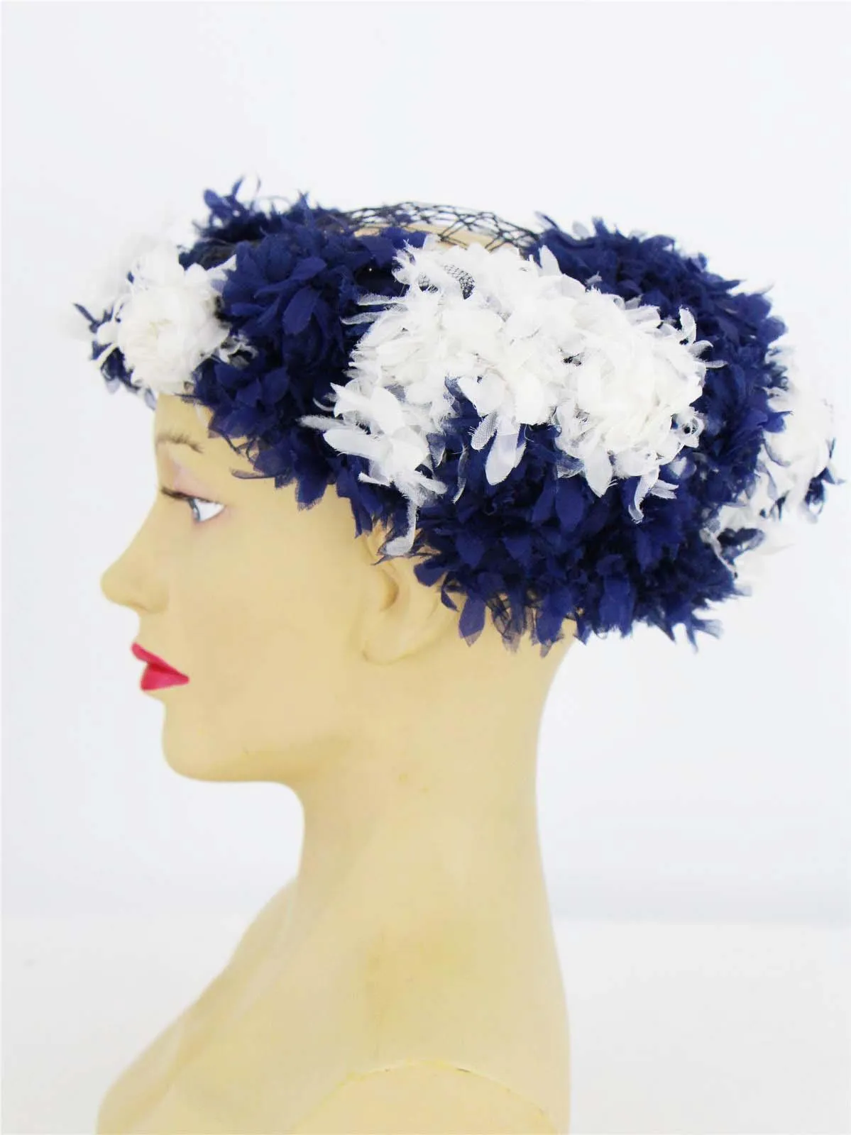 Navy & White 1960s Open Crown Hat