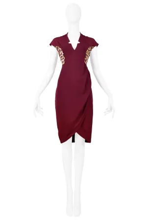 RIFAT OZBEK BURGUNDY LEOPARD INSERT DRESS WITH WRAP DRAPE EFFECT