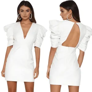 Women's Deep V-Neck Puff Sleeve Dress